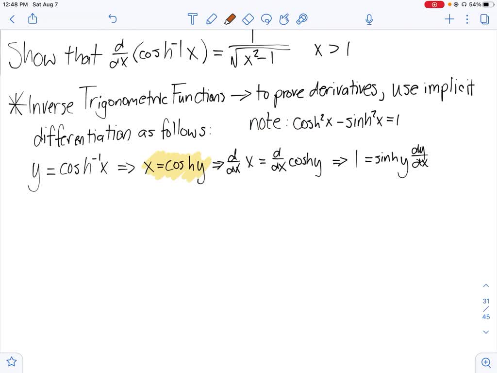 SOLVED:Show that (d)/(d x)(cosh^-1 x)=(1)/(√(x^2-1)) · x>1