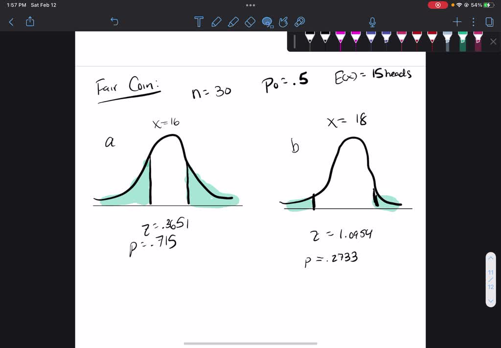 A test is conducted in which a coin is flipped 30 times to test whether the coin is unbiased. The null hypothesis is that the coin is fair. The alternative is that the coin is not fair. One
of the accompanying figures represents the p-value after getting 16 heads out of 30 flips, and the other represents the p-value after getting 18 heads out of 30 flips. Which is which, and how do you know? 