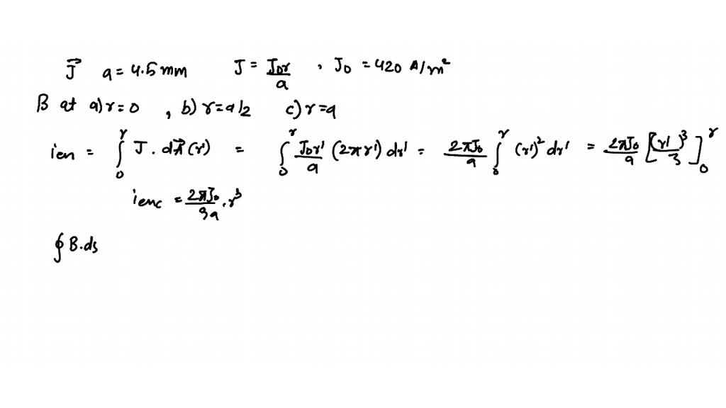 SOLVED:The current density J⃗ inside a long, solid, cylindrical wire of ...