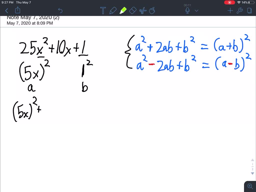 SOLVED:Factor the perfect squares. 25 x^2+10 x+1