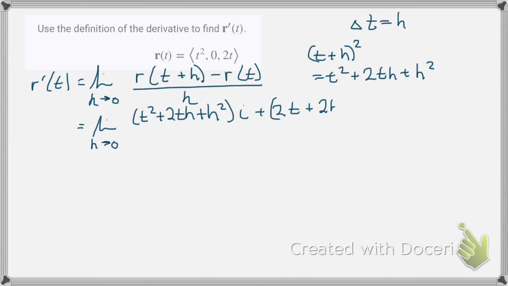 SOLVED:Use the definition of the derivative to find 𝐫^'(t). 𝐫(t)= t^2