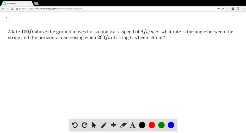Solved A Kite 100 Ft Above The Ground Moves Horizontally At A Speed Of 8 Ft S At What Rate Is The Angle Between The St