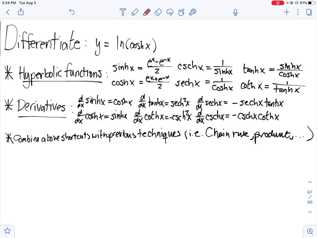 SOLVED:Differentiate.y=ln(coshx)