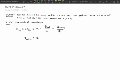 a-toroidal-solenoid-has-a-mean-radius-of-100-mathrmcm-and-a-cross-sectional-area-of-400-mathrmcm2-an