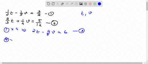 solve-the-system-leftbeginarrayl-frac12-t-frac15-vfrac32-frac23-tfrac14-vfrac512-endarrayright