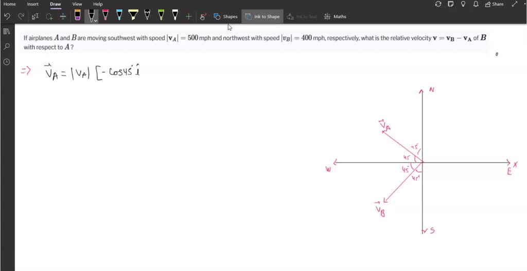 SOLVED:If airplanes A and B are moving southwest with spoed |𝐯A|=500 ...