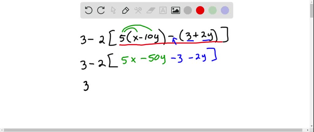 SOLVED:Remove parentheses and simplify. 3-2[5(x-10 y)-(3+2 y)]