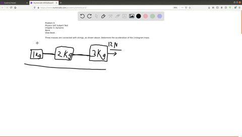 three-masses-are-connected-with-strings-as-shown-above-determine-the-acceleration-of-the-2-kilogram-