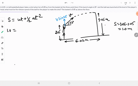 SOLVED:A 2.05 -m-tall basketball player takes a shot when he is 6.02 m ...