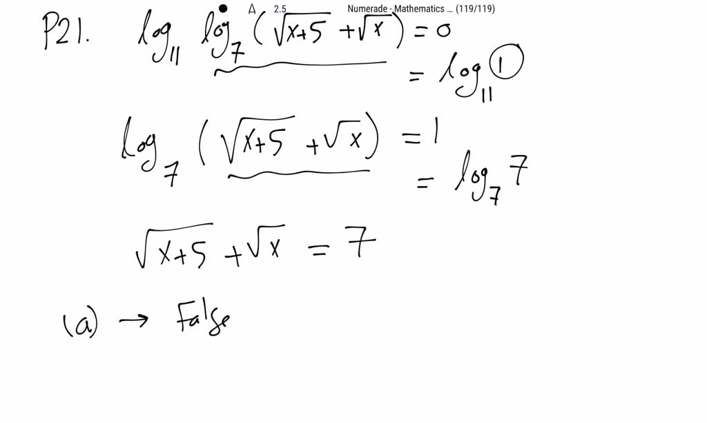 ⏩SOLVED:The solution set of log11 log7(√(x+5)+√(x))=0 is (a) 17} (b ...