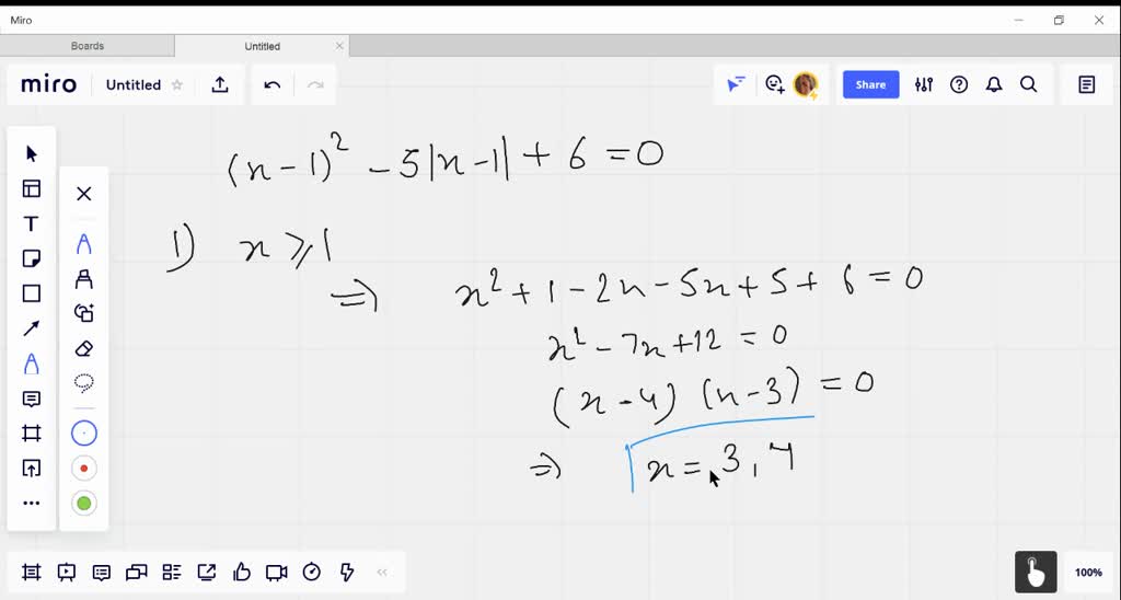 SOLVED:The number of roots of the equation (x-1)^2-5|x-1|+6=0 is (a) 2 ...