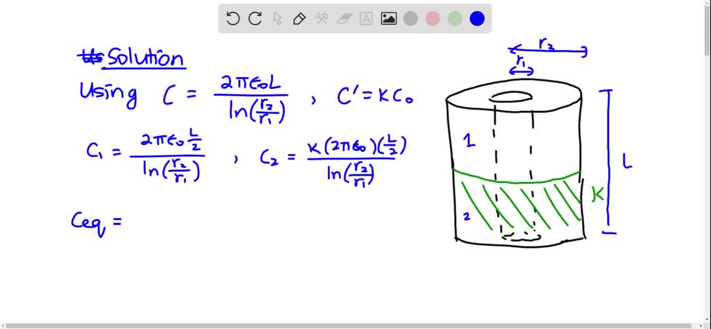 The volume between the two cylinders of a cylindrical capacitor is half ...