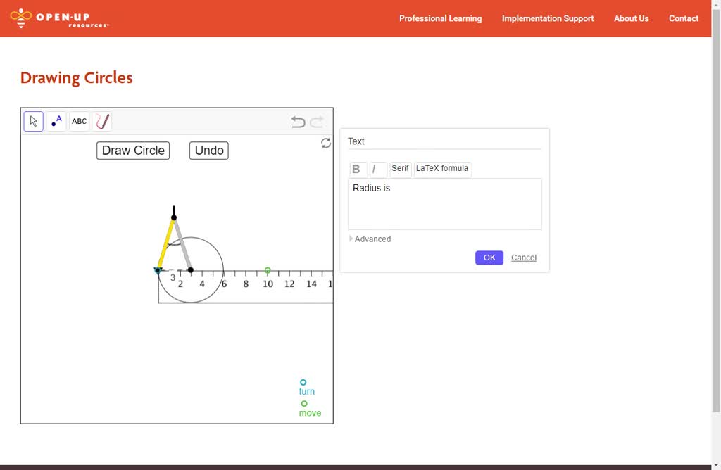 Use a geometric tool to draw a circle. Draw and measure a radius and a