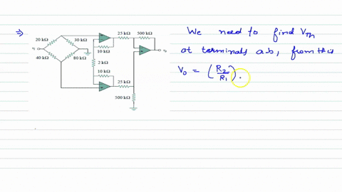 figure-590-shows-an-instrumentation-amplifier-driven-by-a-bridge-obtain-the-gain-v_o-v_i-of-the-ampl