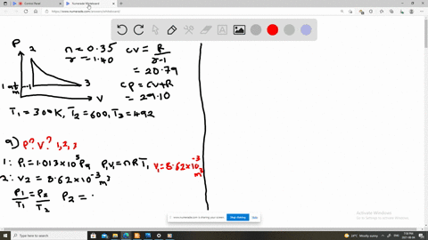 a-heat-cnginc-takes-0350-mathrmmol-of-a-diatomic-idcal-gas-around-the-cycle-shown-in-the-p-v-diagram