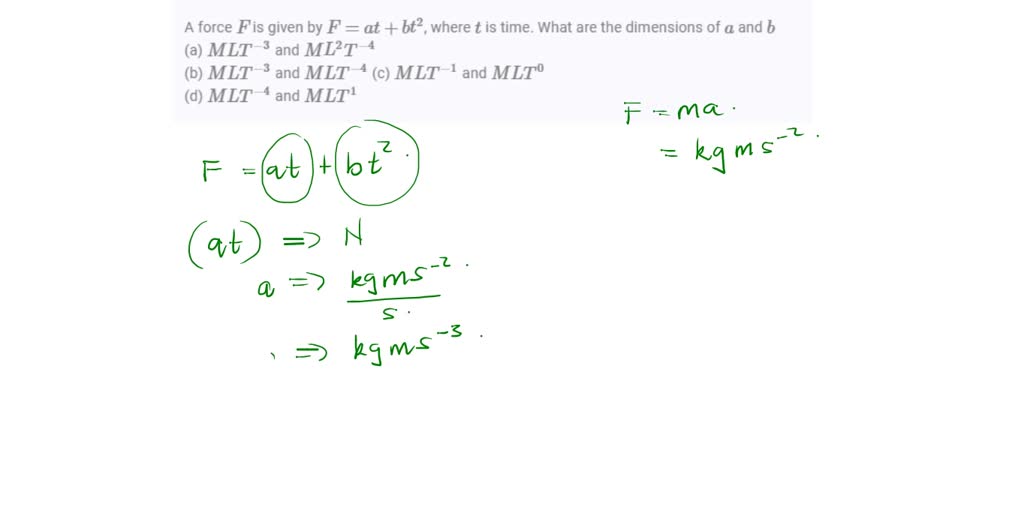 SOLVEDA force F is given by F=a t+b t^2, where t is time. What are the