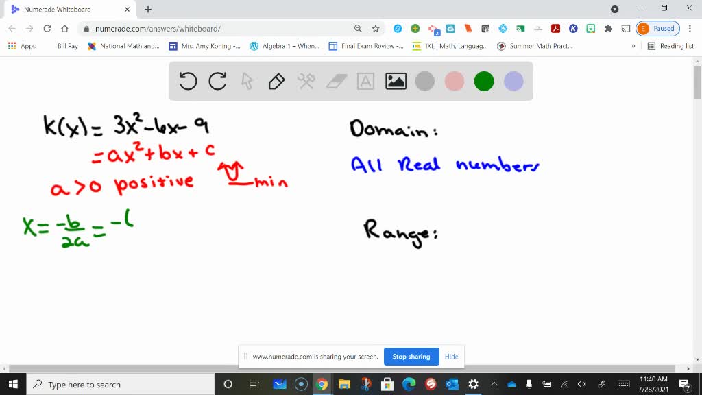 determine the domain and range of the quadratic function. f(x)=(x−3)2 2