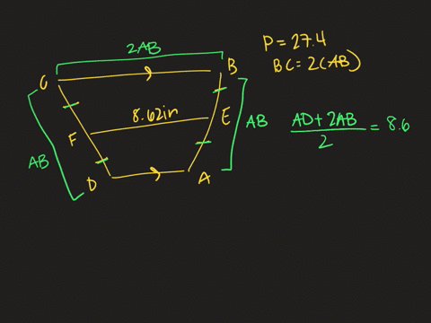 the-perimeter-of-isosceles-trapezoid-a-b-c-d-is-274-inches-if-b-c2a-b-find-a-d-a-b-b-c-and-c-d