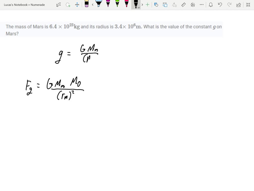 SOLVEDThe mass of Mars is 6.4 ×10^23 kg and its radius is 3.4 ×10^6 m