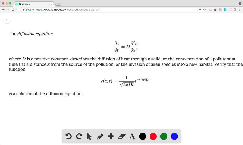 SOLVED:The diffusion equation ∂c∂t = D ∂^2c∂x^2 where D is a positive ...