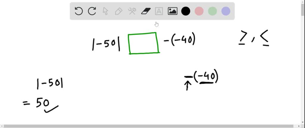 SOLVED:Place an symbol in the box to make a true statement. |-50|-(-40)