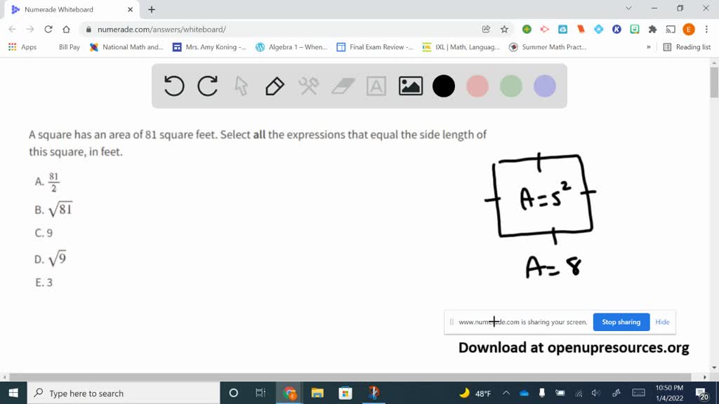 solved-a-square-has-an-area-of-81-square-feet-select-all-the