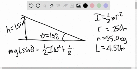 a-solid-uniform-disk-of-radius-0250-mathrmm-and-mass-550-mathrmkg-rolls-down-a-ramp-of-length-450-ma