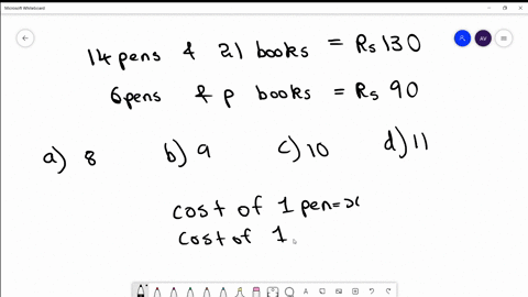 total-cost-of-14-pens-and-21-books-is-mathrmrs-130-and-the-total-cost-of-6-pens-and-mathrmp-books-is