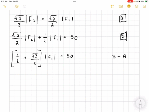 a-50-lb-weight-is-supported-from-two-cables-and-the-system-is-in-equilibrium-the-magnitudes-of-the-f