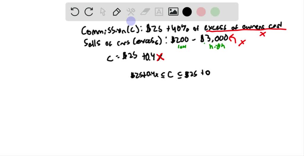 A used car salesperson is paid a commission of 25 dollar plus 40 dollar of the selling price in excess of owner's cost. The owner claims that used cars typically sell for at least owner's cost plus 200 dollar and at most owner's cost plus 3000 dollar. For each sale made, over what range can the salesperson expect the commission to vary?
