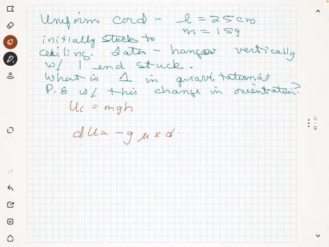 a-uniform-cord-of-length-25-mathrmcm-and-mass-15-mathrmg-is-initially-stuck-to-a-ceiling-later-it-3
