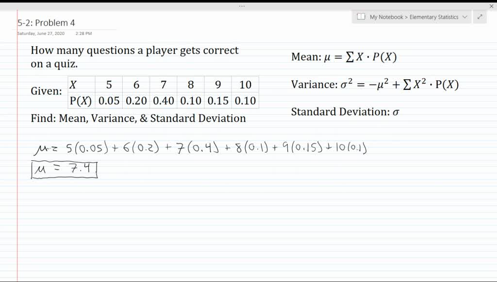 Solved Trivia Quiz The Probabilities That A Player Will Get 5 To 10 Questions Right On A Trivia Quiz Are Shown Below Find The Mean Variance And Standard Deviation For The Distribution Begin Array C Cccccc Hline