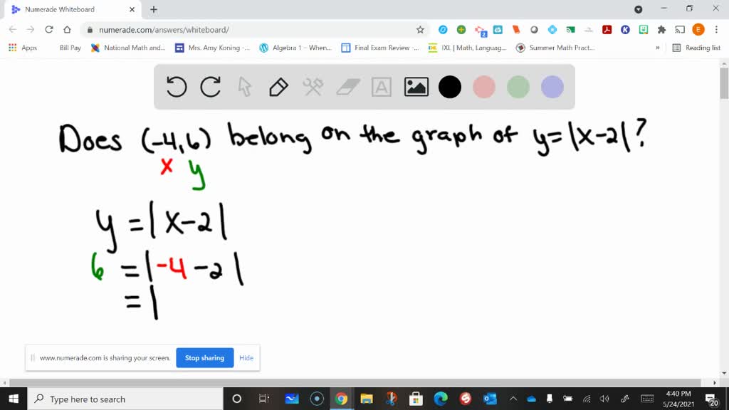 SOLVED:Is (-4,6) on the V -shaped graph of y=|x-2|