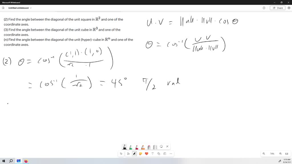 SOLVED:(2) Find the angle between the diagonal of the unit square in ℝ ...