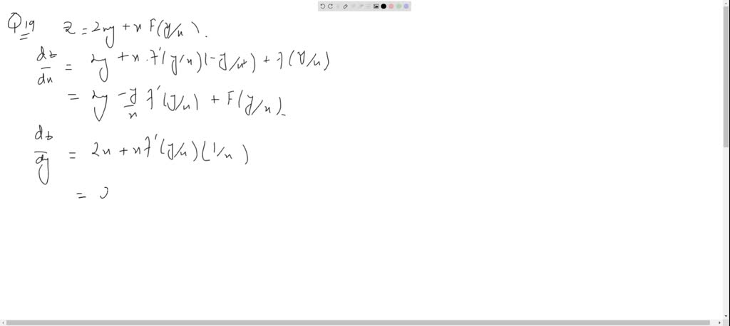 SOLVED:Prove that, if z=2 x y+x . f((y)/(x)) then x (∂z)/(∂x)+y (∂z)/(∂ ...