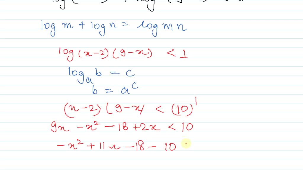 SOLVED:Solve the inequality. log(x-2)+log(9-x)