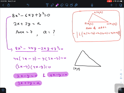 if-the-area-of-the-triangle-formed-by-the-pair-of-lines-8-x2-6-x-yy20-and-the-line-2-x3-ya-is-7-then