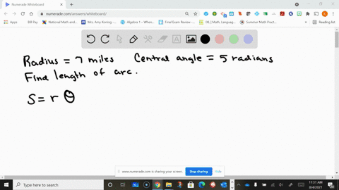on-a-circle-of-radius-7-miles-find-the-length-of-the-arc-that-subtends-a-central-angle-of-5-radians