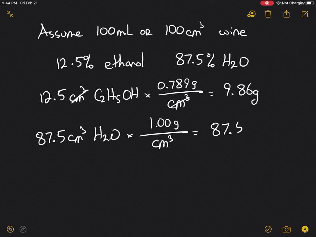 A bottle of wine contains 12.5 ethanol by volume. The density of