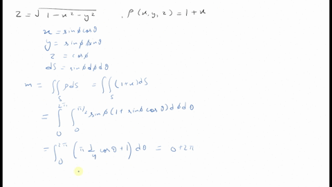 find-the-mass-and-center-of-mass-of-the-region-the-hemisphere-zsqrt1-x2-y2-rhox-y-z1x