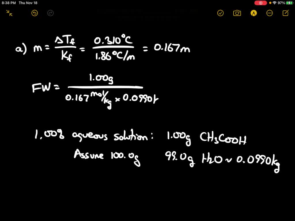 SOLVED:(a) The freezing point of a 1.00 % aqueous solution of acetic ...