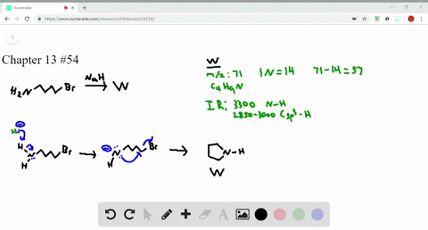 reaction-of-brch_2ch_2ch_2ch_2nh_2-with-nah-forms-compound-textbfw-which-gives-the-ir-and-mass-spect