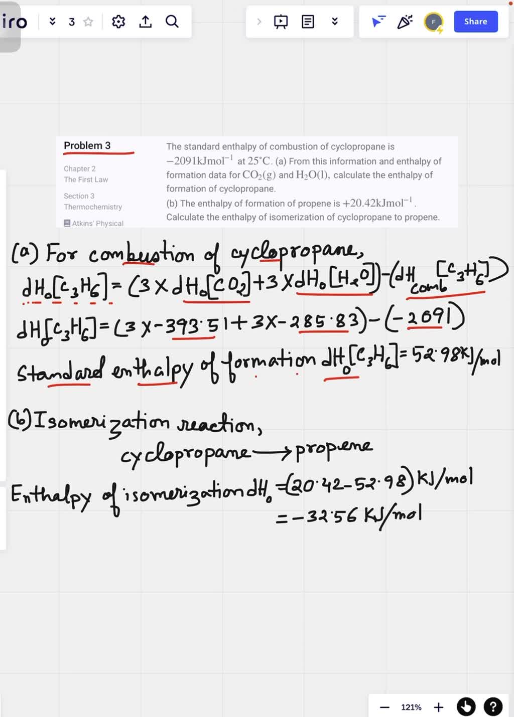 The standard enthalpy of combustion of cyclopropane is 2091 kJ mol^1