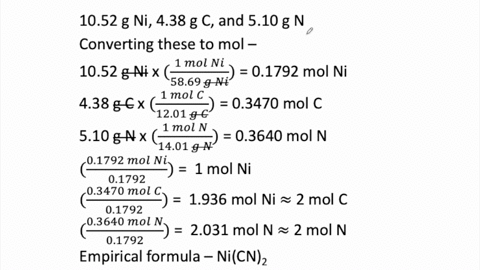 what-is-the-empirical-formula-of-a-compound-that-contains-1052-g-ni-438-g-c-and-510-g-n