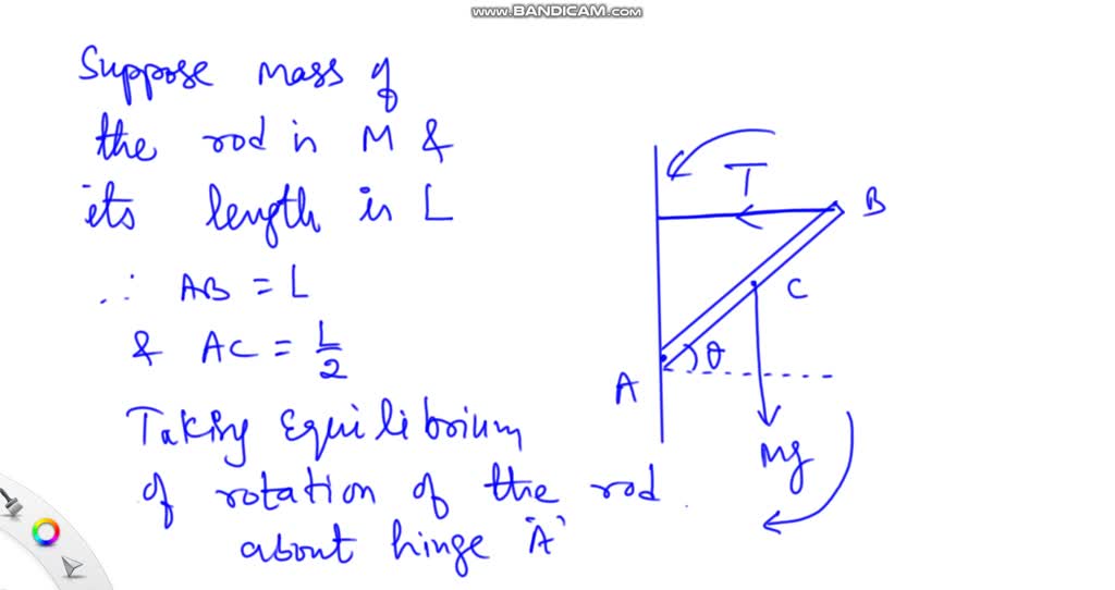 A uniform rod has one end attached to a vertical wall by a frictionless ...