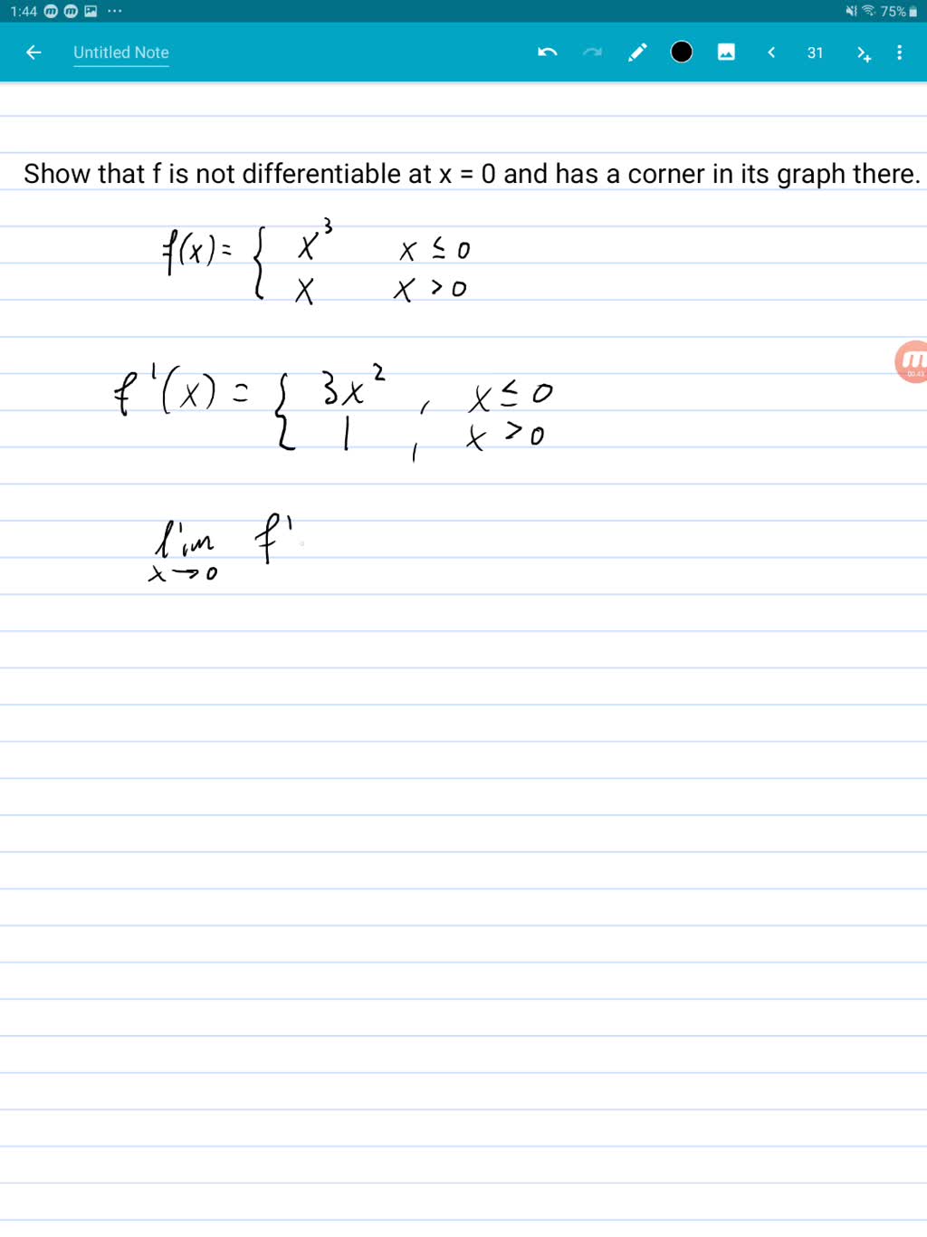 SOLVEDShow that f is not differentiable at x=0 and has a corner in its