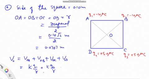 what-is-the-value-of-electric-potential-at-a-the-center-of-the-square-and-b-a-point-midway-between-q