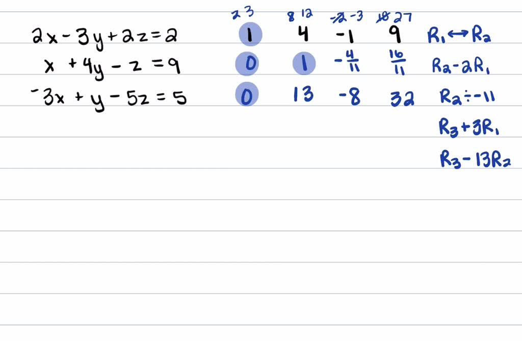 SOLVEDSolve the system of equations using Gaussian elimination or
