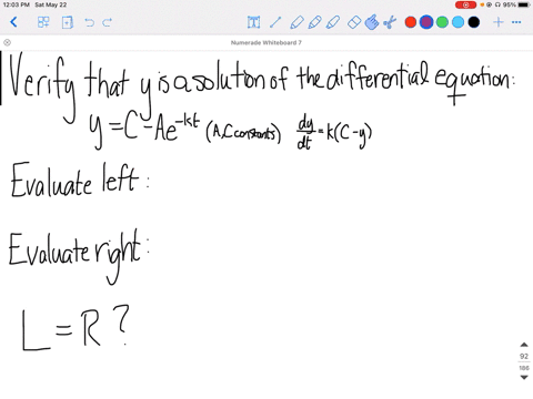 verify-that-y-is-a-solution-of-the-differential-equation-yc-a-e-k-t-a-text-and-c-text-constants-frac