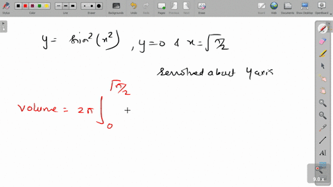 the-region-bounded-by-ysin-2leftx2right-y0-and-xsqrtpi-2-is-revolved-about-the-y-axis-find-the-volum